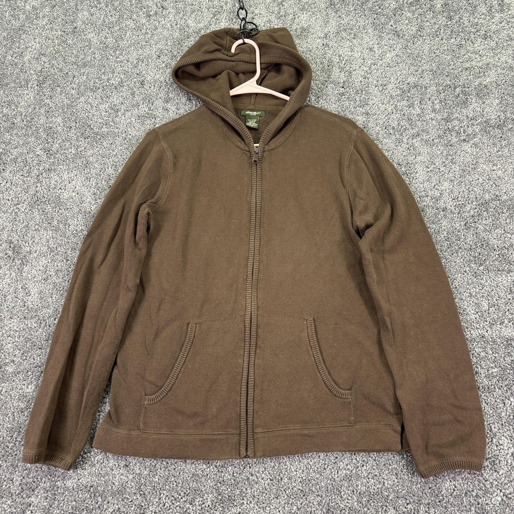 Eddie Bauer Sweater Womens Small Brown Hooded Full Zip Knit Casual Hoodie